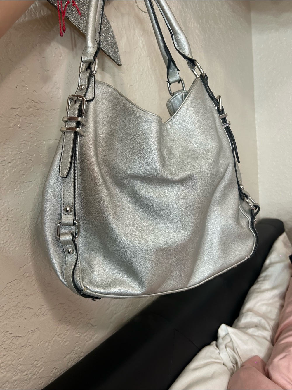 Charming Charlie Silver Metallic Shoulder Hobo Bag